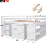 Low Study Full Loft Bed with Cabinet ,Shelves and Rolling Portable Desk ,Multiple Functions Bed- White