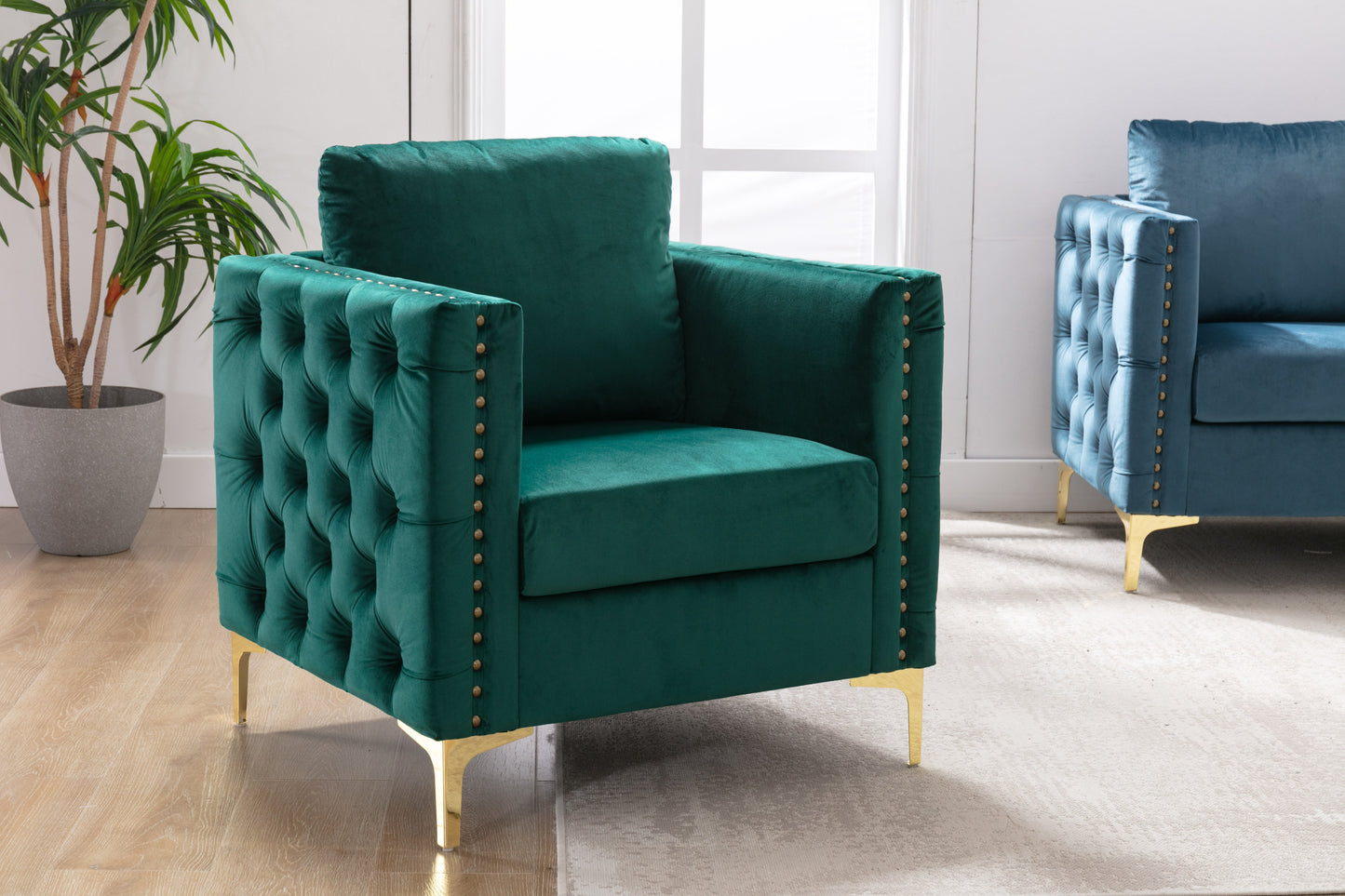 Modern Velvet Armchair Tufted Button Accent Chair Club Chair with Steel Legs for Living Room Bedroom,Green