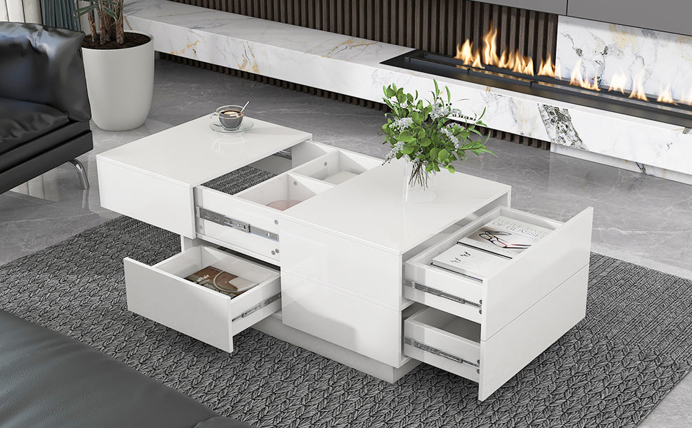 ON-TREND Extendable Coffee Table with 4 Drawers, Rectangle Cocktail Table with Hidden Storage Compartment, UV High-gloss Center Table with Sliding Top for Living Room, 35.4"x 23.6", White