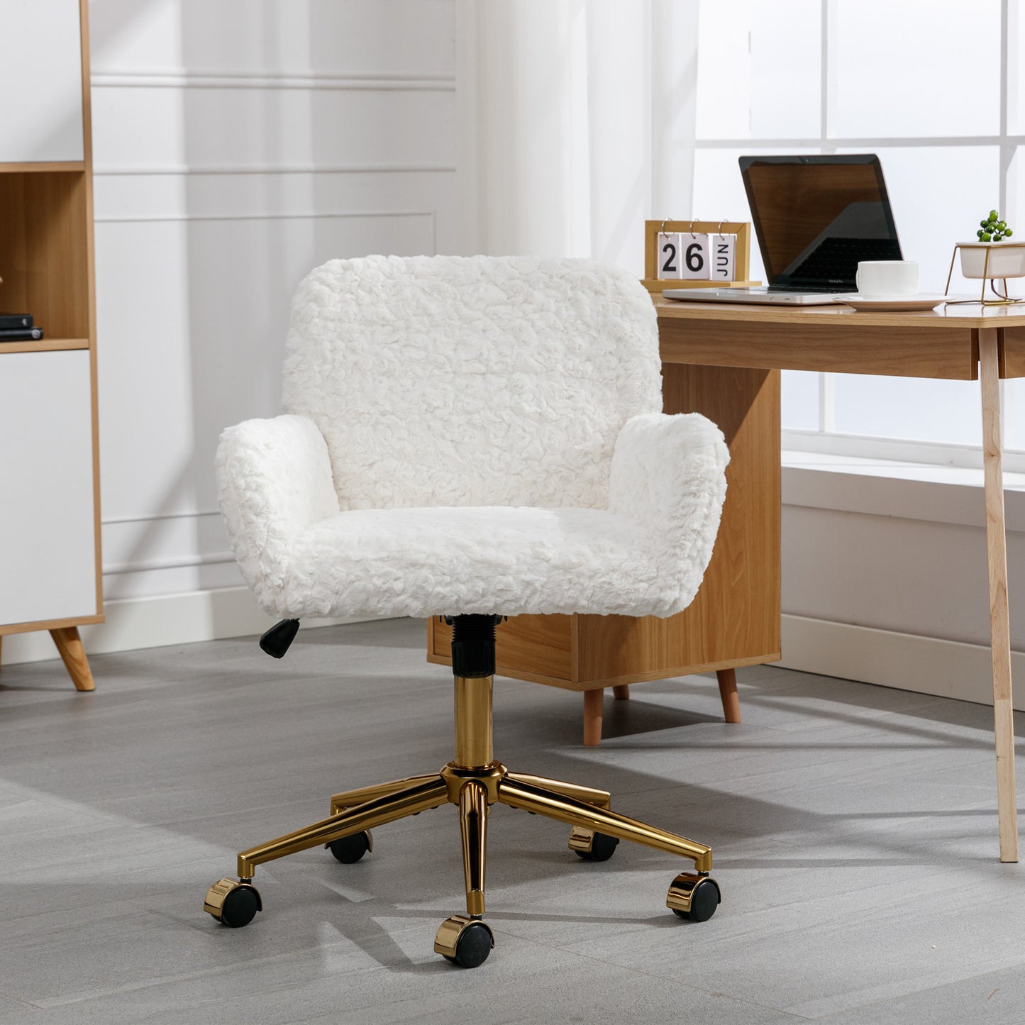 A&A Furniture Office Chair,Artificial rabbit hair Home Office Chair with Golden Metal Base,Adjustable Desk Chair Swivel Office Chair,Vanity Chair(Beige)