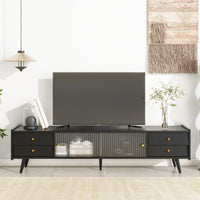 ON-TREND Contemporary TV Stand with Sliding Fluted Glass Doors, Slanted Drawers Media Console for TVs Up to 70", Chic Elegant TV Cabinet with Golden Metal Handles , Black