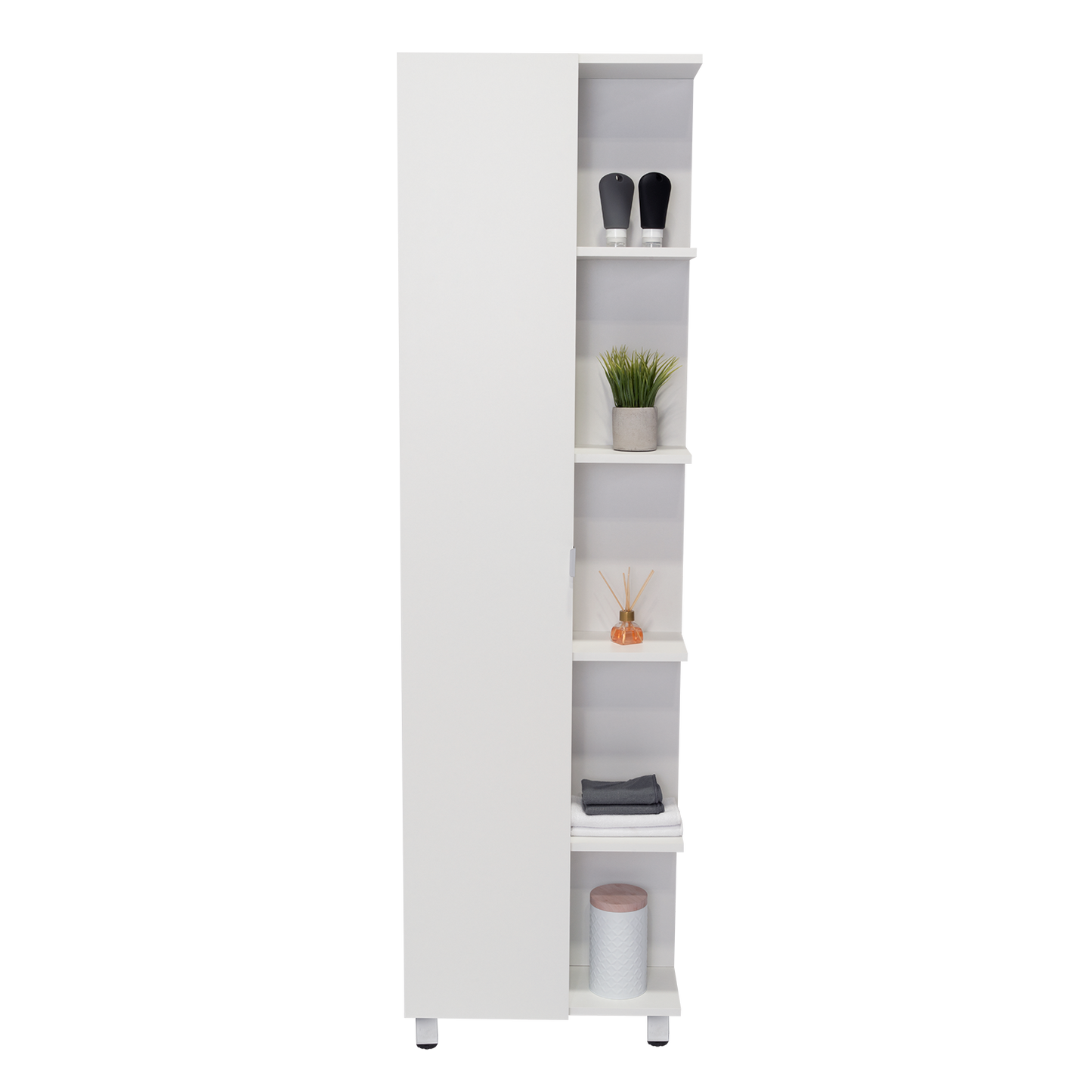 Corner Cabinet Womppi, Five Open Shelves, Single Door, White Finish