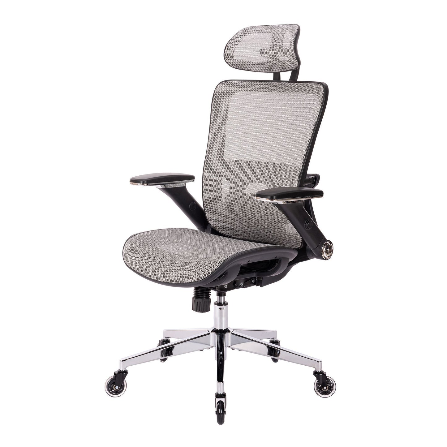 GREY Ergonomic Mesh Office Chair, High Back - Adjustable Headrest with Flip-Up Arms, Tilt and lock Function, Lumbar Support and blade Wheels, KD chrome metal legs