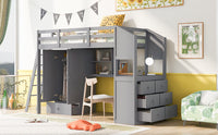 Twin Size Loft Bed with Wardrobe and Drawers, attached Desk with Shelves, Gray