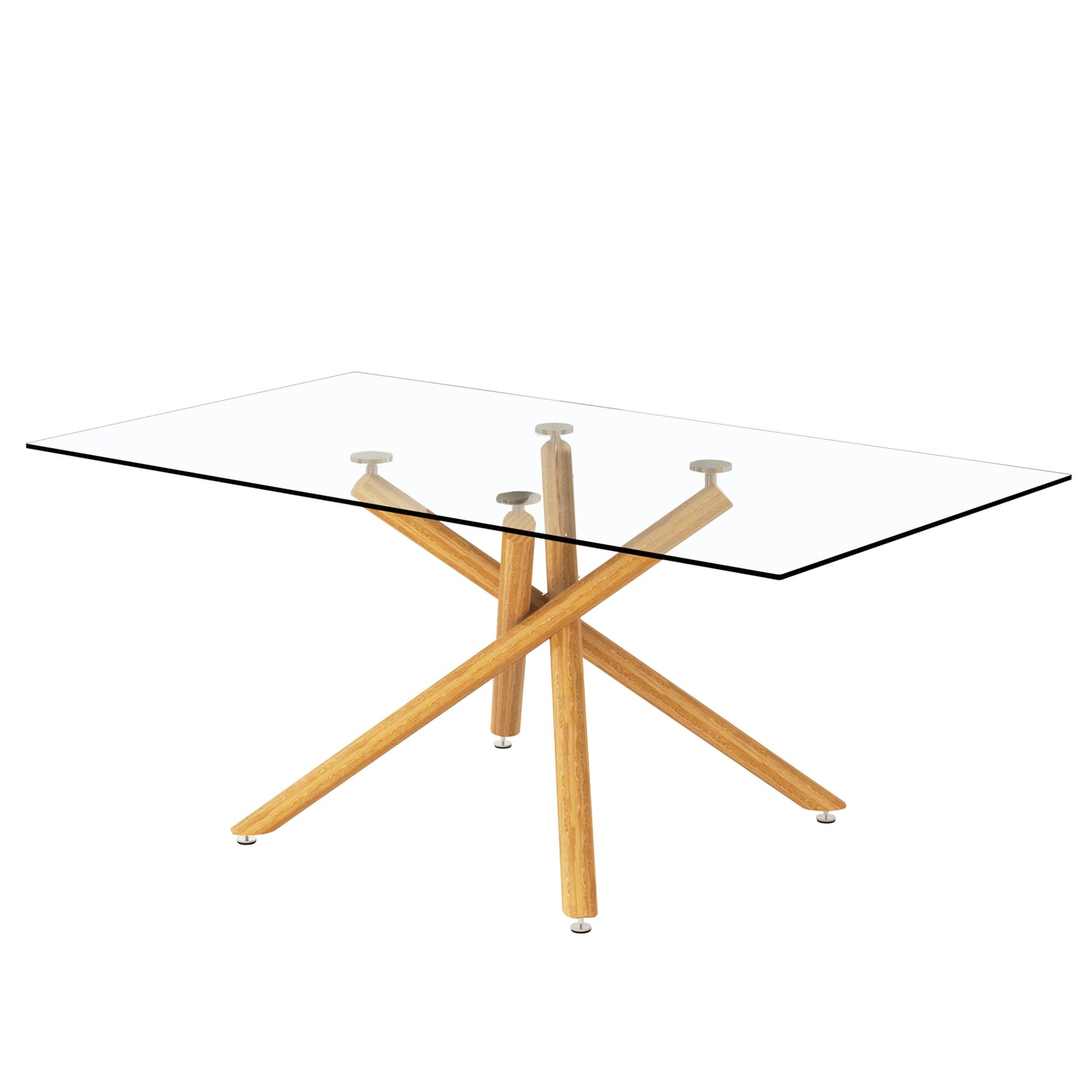 Large Modern Minimalist Rectangular Glass Dining Table for 6-8 with 0.39" Tempered Glass Tabletop and Wood color Metal Legs, for Kitchen Dining Living Meeting Room Banquet hall, 71" W x 39" D x 301537