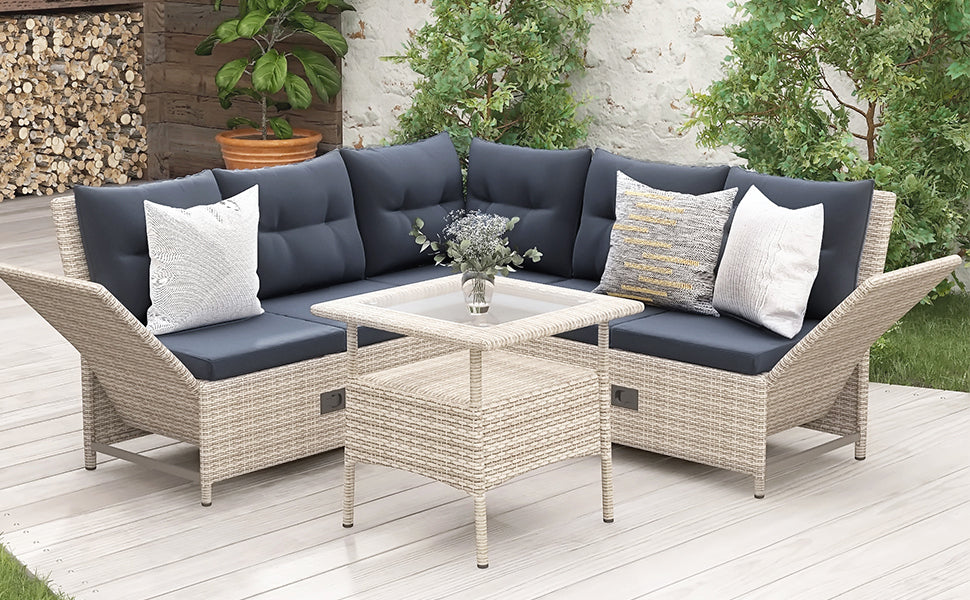 TOPMAX Outdoor Patio 4-Piece All Weather PE Wicker Rattan Sofa Set with Adjustable Backs for Backyard, Poolside, Gray