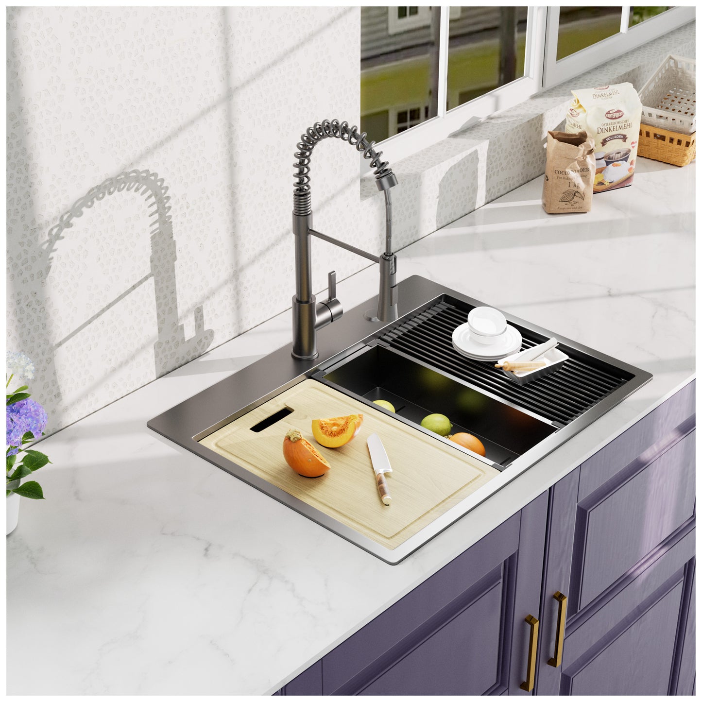 32x22inch Gunmetal Black workstation 18Gauge 304 Stainless Steel  kitchen sink with Black Spraing Neck faucet