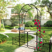 Metal Garden Arch with Gate 79.5'' Wide x 86.6'' High Climbing Plants Support Rose Arch Outdoor Black