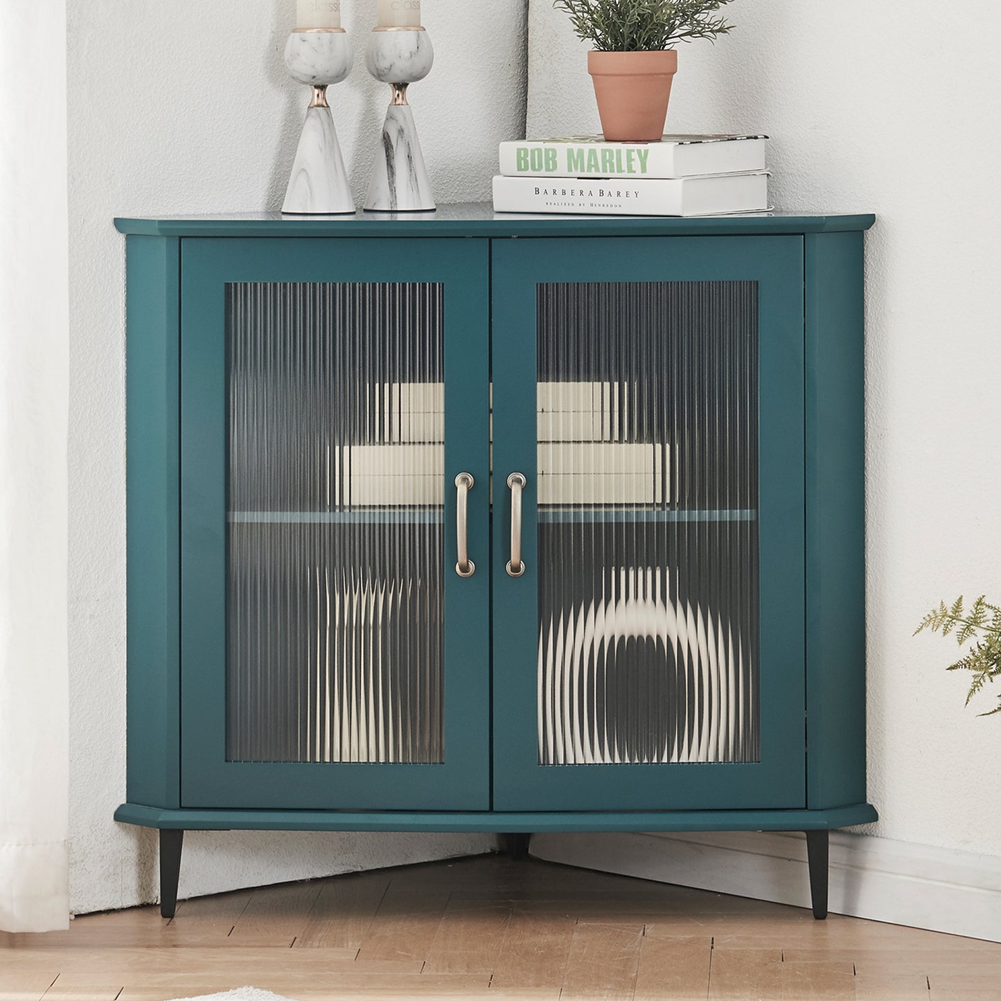 Corner Cabinet, Corner Night Stand, Free-Standing Storage Shelf Organizer(Teal Blue)