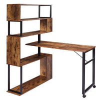 Home Office Computer Desk L-Shaped Corner Table, Rotating Computer Table with 5-Tier Bookshelf, Four Installation Methods, Lockable Casters (Tiger)