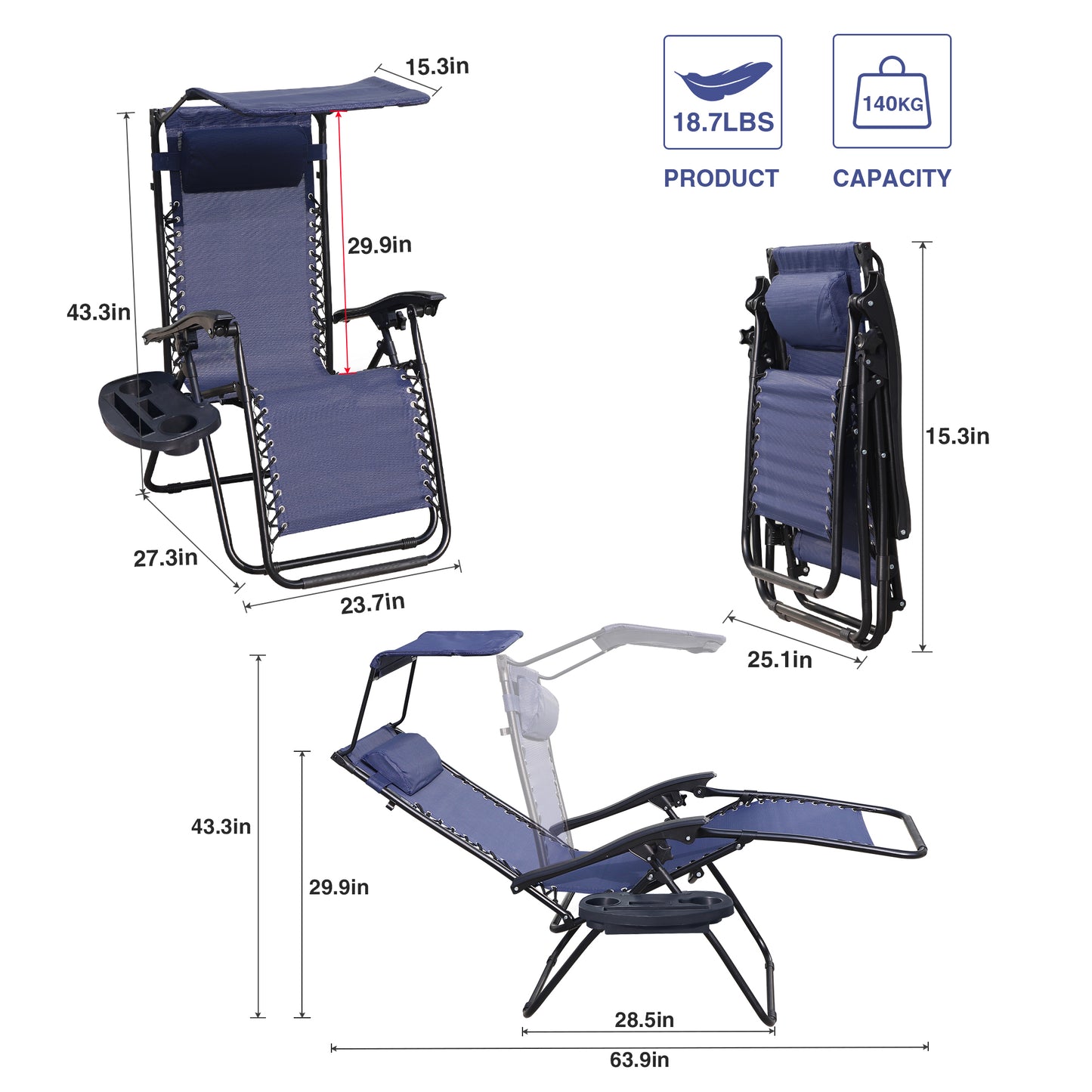 Lounge Chair Adjustable Recliner w/Pillow  Outdoor Camp Chair for Poolside Backyard Beach, Support 300lbs