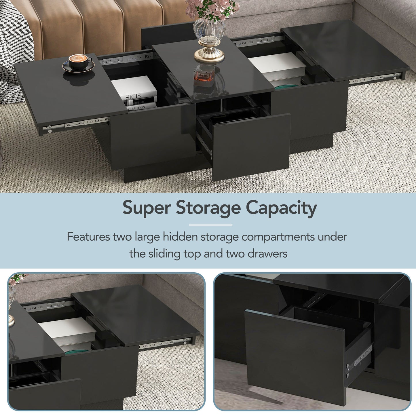 ON-TREND Multifunctional Coffee Table with 2 large Hidden Storage Compartment, Extendable Cocktail Table with 2 Drawers, High-gloss Center Table with Sliding Top for Living Room, 39.3"x21.6", Black