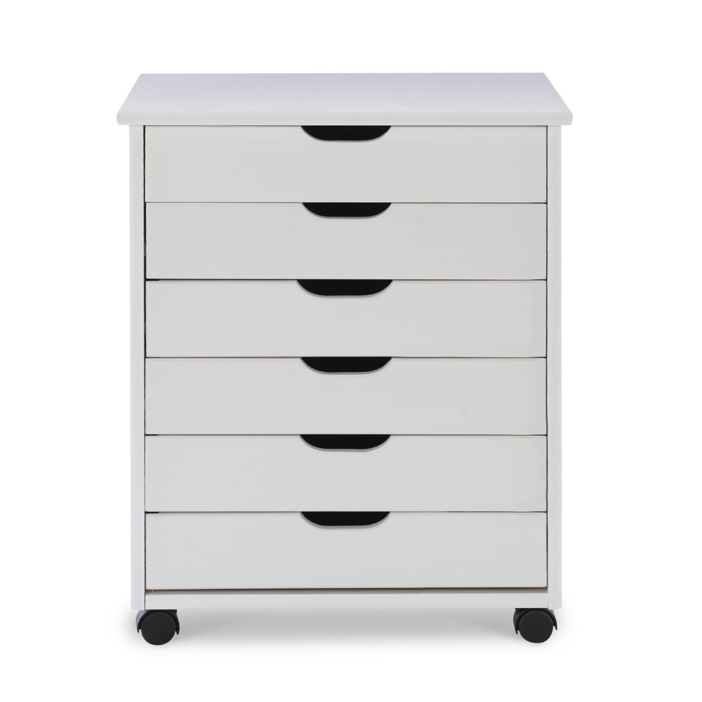 Six Drawer Wide Roll Storage Cart, White Finish, Office and Home Furniture