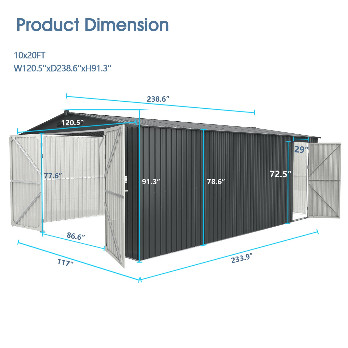 Outdoor Storage Shed 20x10 FT, Metal Garden Shed Backyard Utility Tool House Building with 2 Doors and 4 Vents for Car, Truck, Bike, Garbage Can, Tool, Lawnmower