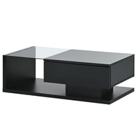 ON-TREND Modern Coffee Table with Tempered Glass, Wooden Cocktail Table with High-gloss UV Surface, Modernist 2-Tier Rectangle Center Table for Living Room, Black