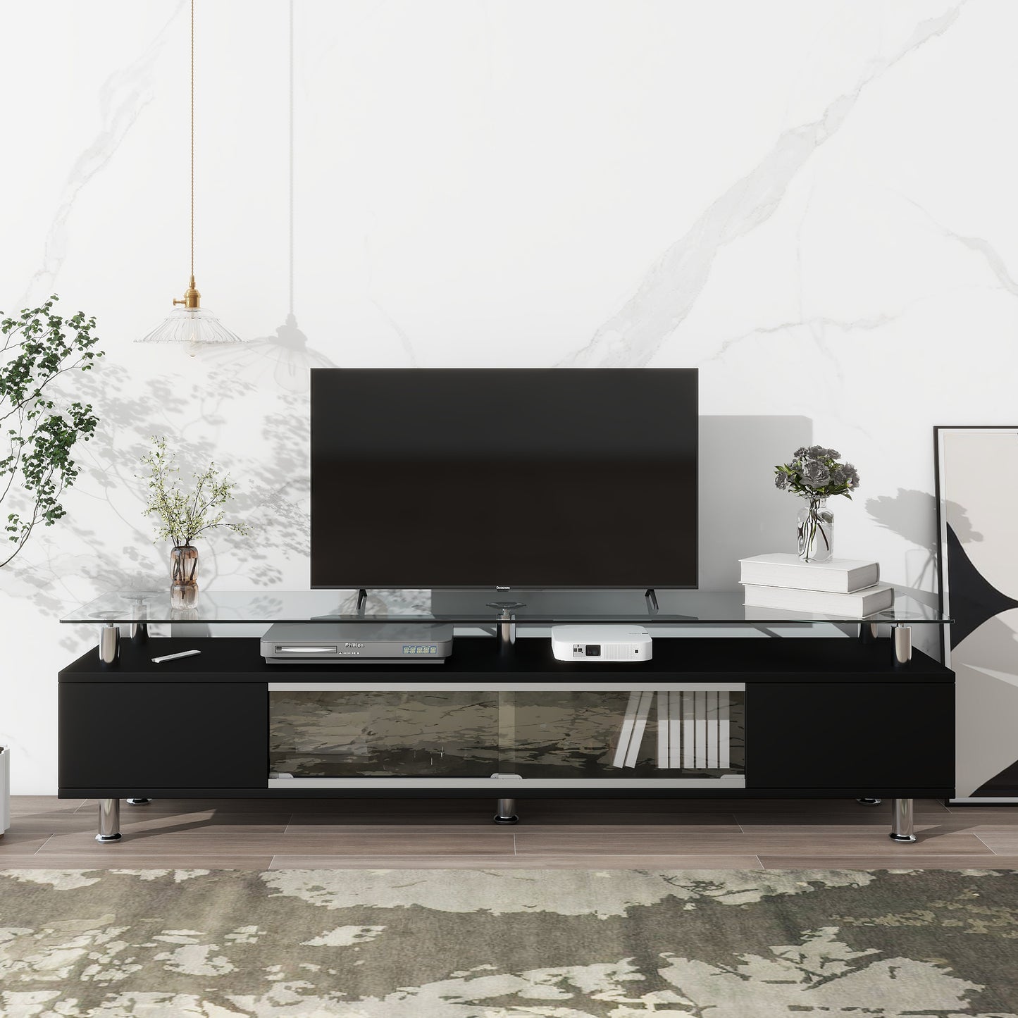 ON-TREND Sleek Design TV Stand with Silver Metal Legs for TV Up to 70", Tempered Glass TV Cabinet with Ample Storage Capacity, Contemporary Media Console with Sliding Glass Door for Living Room, Black