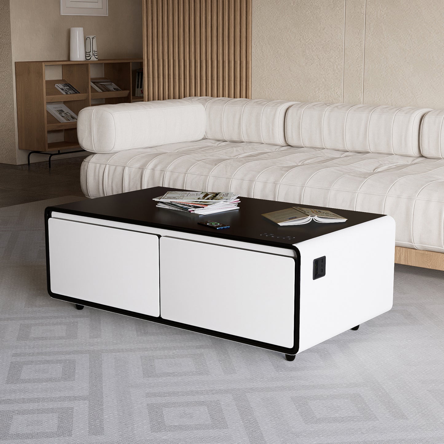 Modern Smart Coffee Table with Built-in Fridge, Bluetooth Speaker, Wireless Charging Module, Touch Control Panel, Power Socket, USB Interface, Outlet Protection, Atmosphere light, White