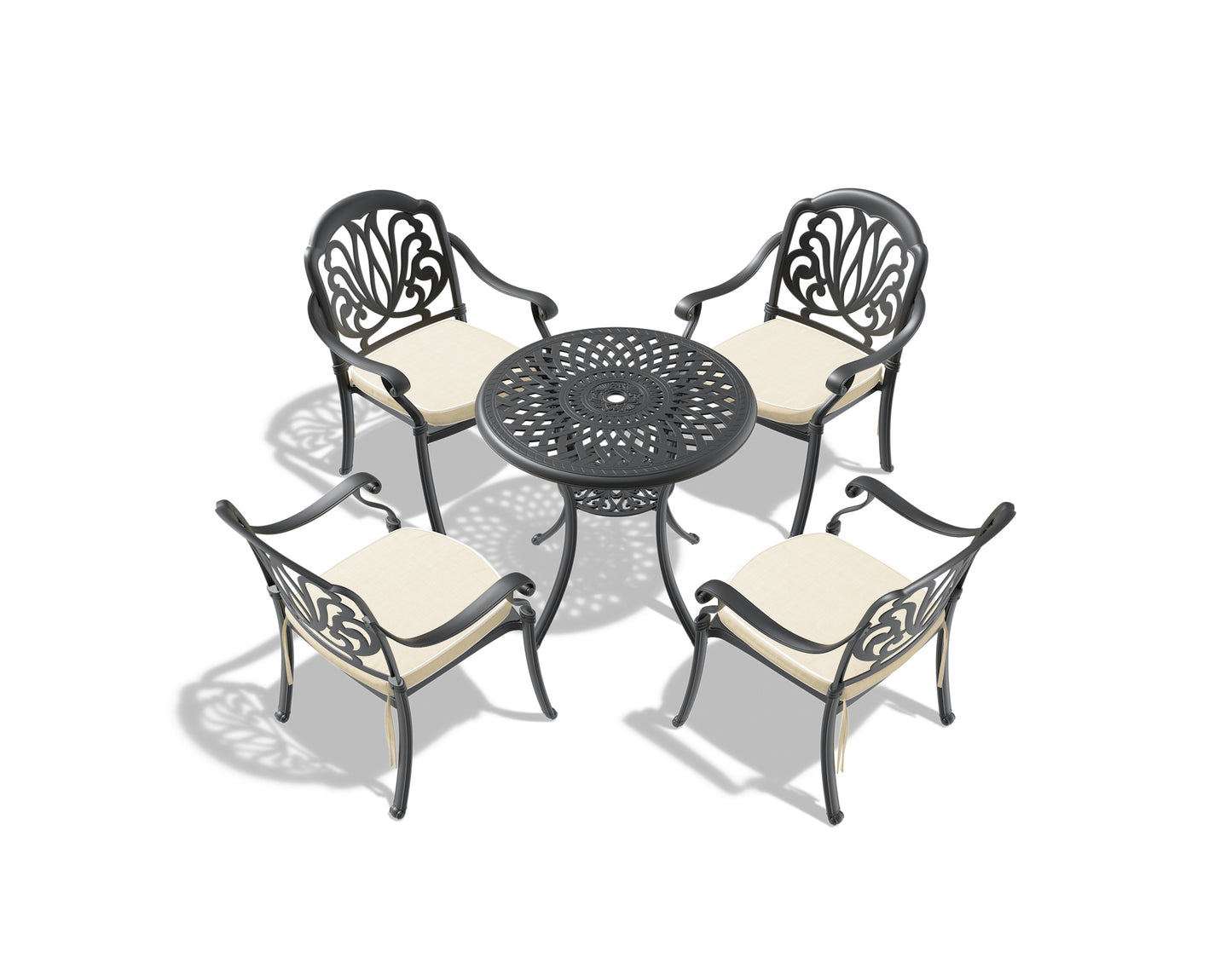 5-Piece Set Of Cast Aluminum Patio Furniture  With Black Frame and  Seat Cushions In Random Colors