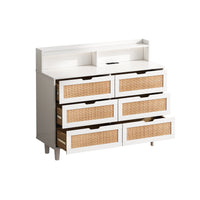 43.31"6-Drawers Rattan Storage Cabinet Rattan Drawer with LED Lights and Power Outlet,for Bedroom,Living Room,White