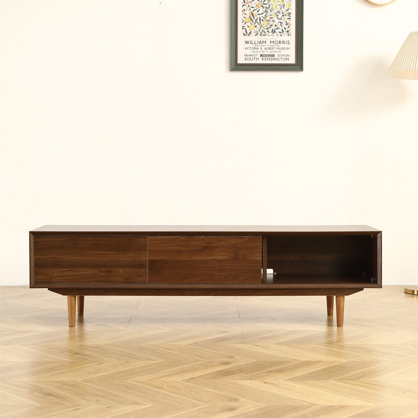 Modern 63 Inch TV Cabinet with Black Walnut Finish and Solid Wood Legs