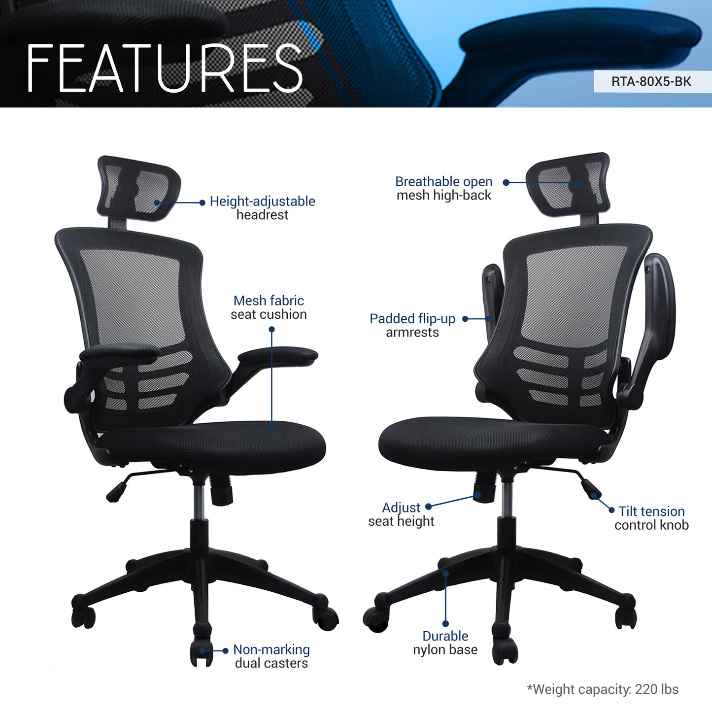 Techni Mobili Modern High-Back Mesh Executive Office Chair with Headrest and Flip-Up Arms, Black