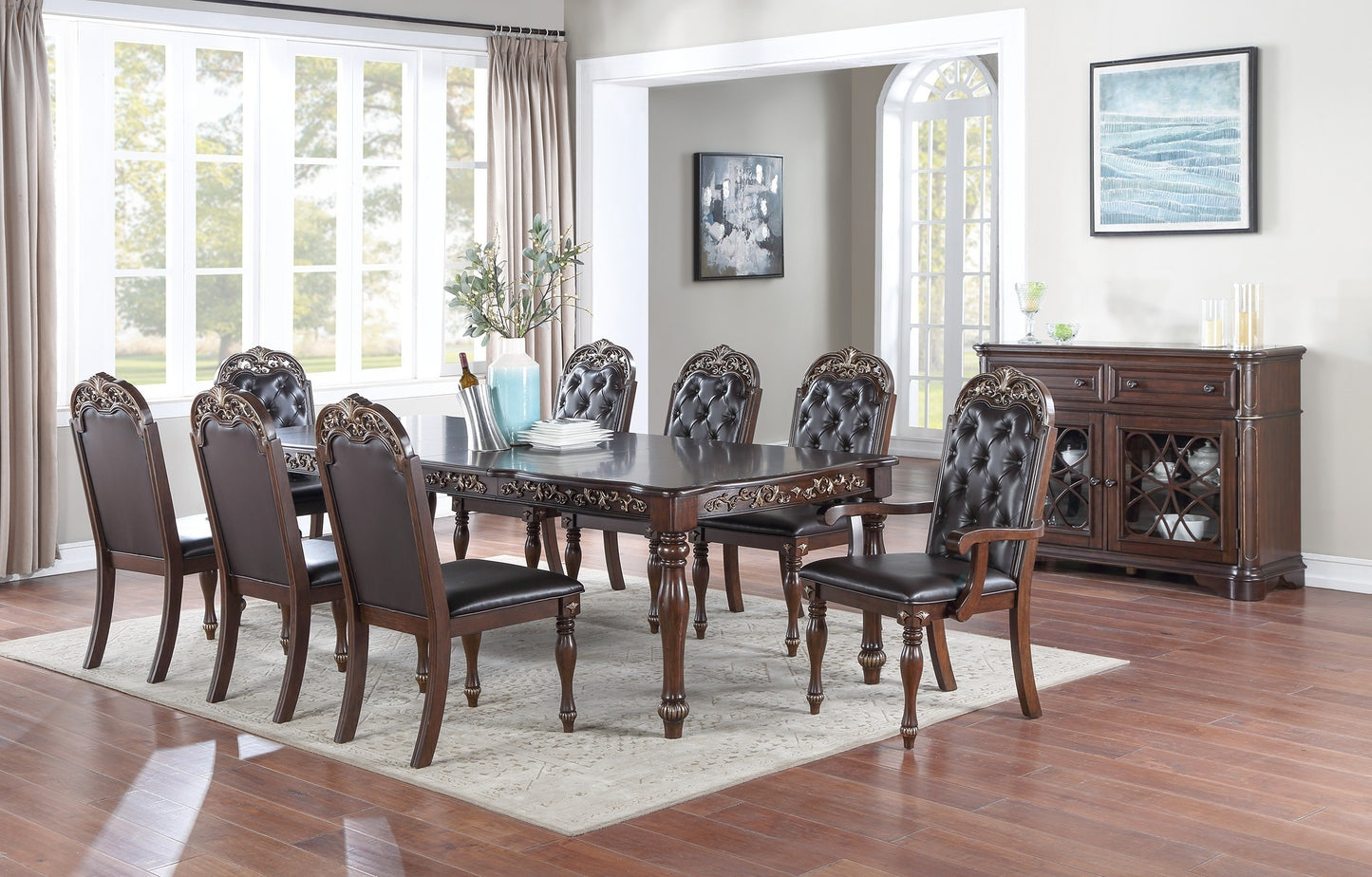 Traditional Brown Finish 9pc Dining Set Table w 2x Arm Chairs 6x Side Chairs Rubber wood Intricate Design Tufted back Cushion Seat Dining Room Furniture