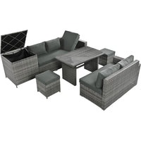 TOPMAX Outdoor 6-Piece All Weather PE Rattan Sofa Set, Garden Patio Wicker Sectional Furniture Set with Adjustable Seat, Storage Box, Removable Covers and Tempered Glass Top Table,Grey