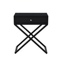 Koda Black Wooden End Side Table Nightstand with Glass Top, Drawer and Metal Cross Base