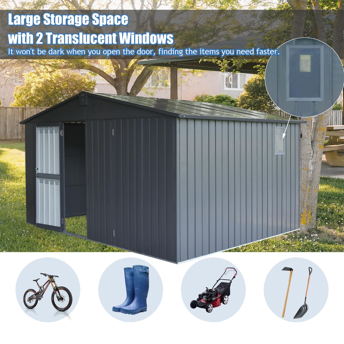 Backyard Storage Shed 11' x 12.5' with Galvanized Steel Frame & Windows, Outdoor Garden Shed Metal Utility Tool Storage Room with Lockable Door for Patio(Dark Gray)