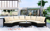 TOPMAX 5 Pieces All-Weather Brown PE Rattan Wicker Sofa Set Outdoor Patio Sectional Furniture Set Half-Moon Sofa Set with Tempered Glass Table, Beige