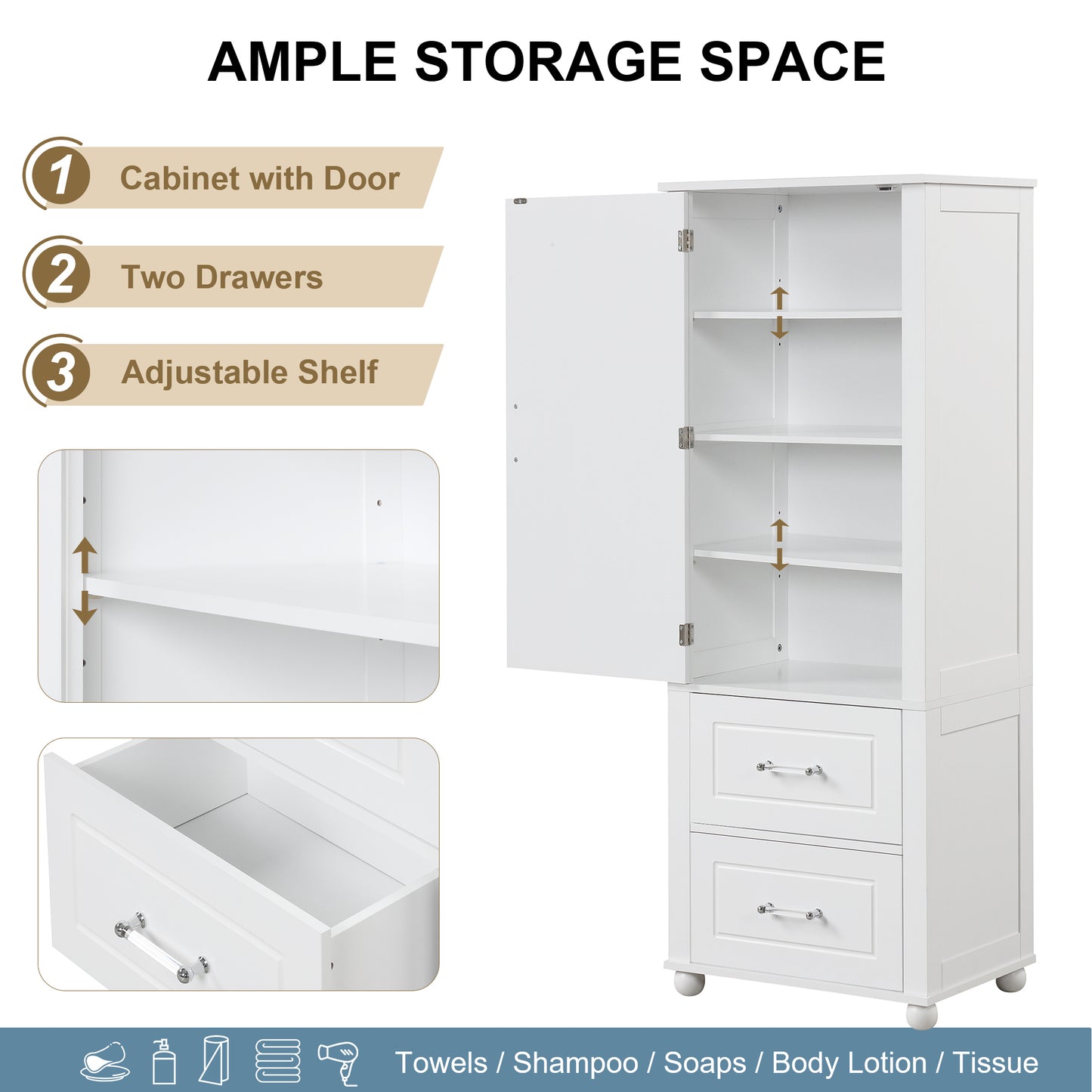 Tall Bathroom Storage Cabinet, Freestanding Storage Cabinet with Two Drawers and Adjustable Shelf, MDF Board with Painted Finish, White