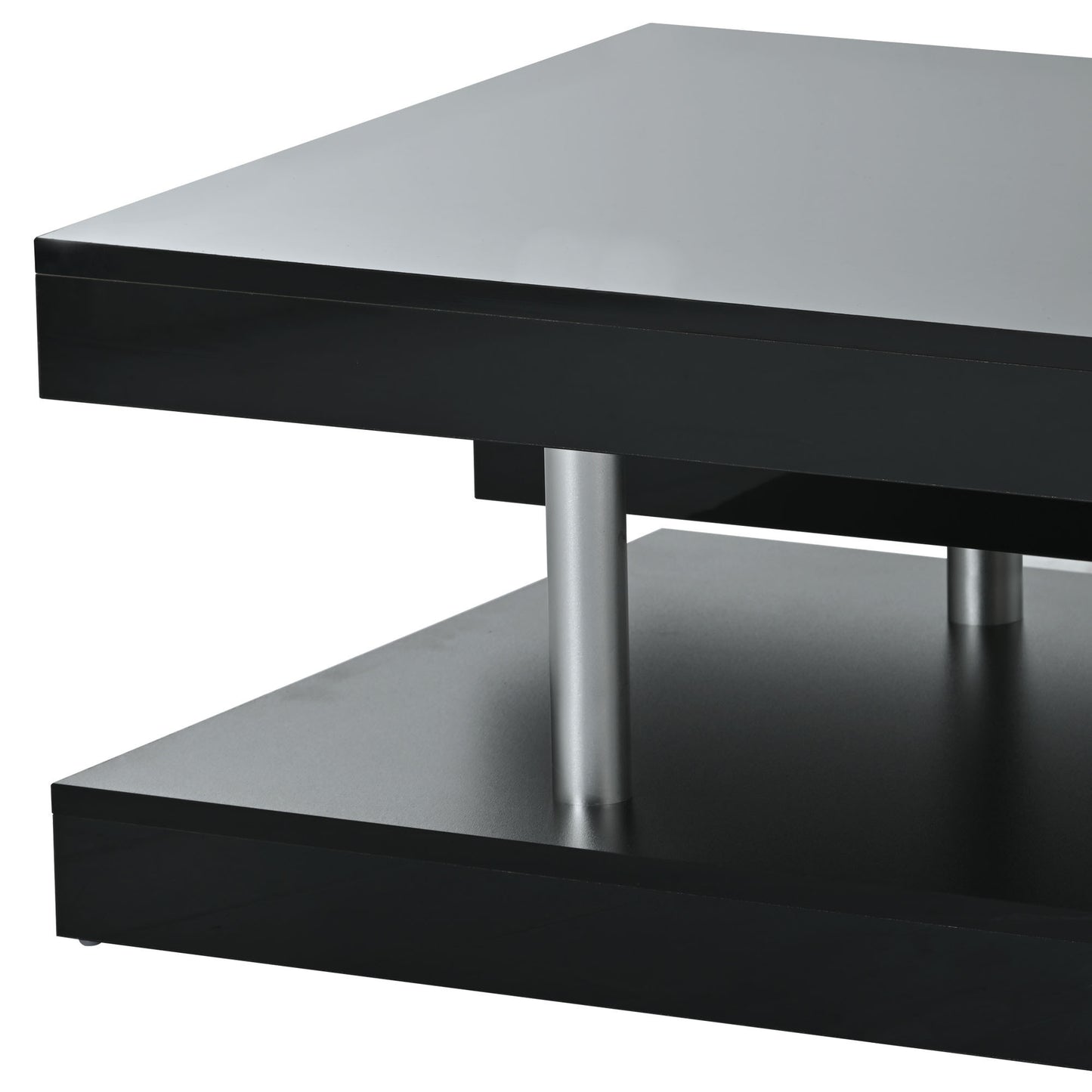 ON-TREND Modern 2-Tier Coffee Table with Silver Metal Legs, Rectangle Cocktail Table with High-gloss UV Surface, Minimalist Design Center Table for Living Room, Black