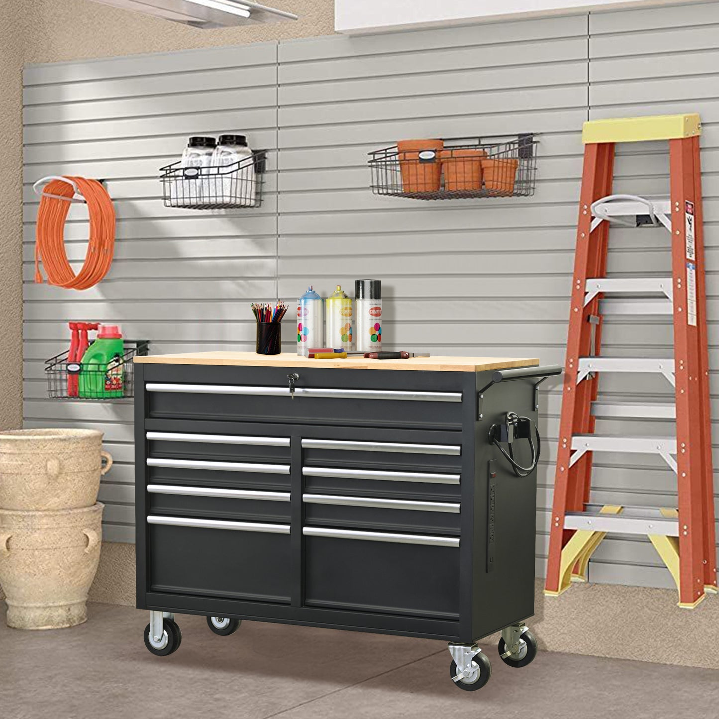 Premium 46-Inch Rolling Tool Chest with Wooden Top and 9 Drawers - 1500 lbs Load Capacity, Casters, Handle, Power Strip, Locking System - Perfect Mobile Storage Cabinet for Your Tools and Equipment.