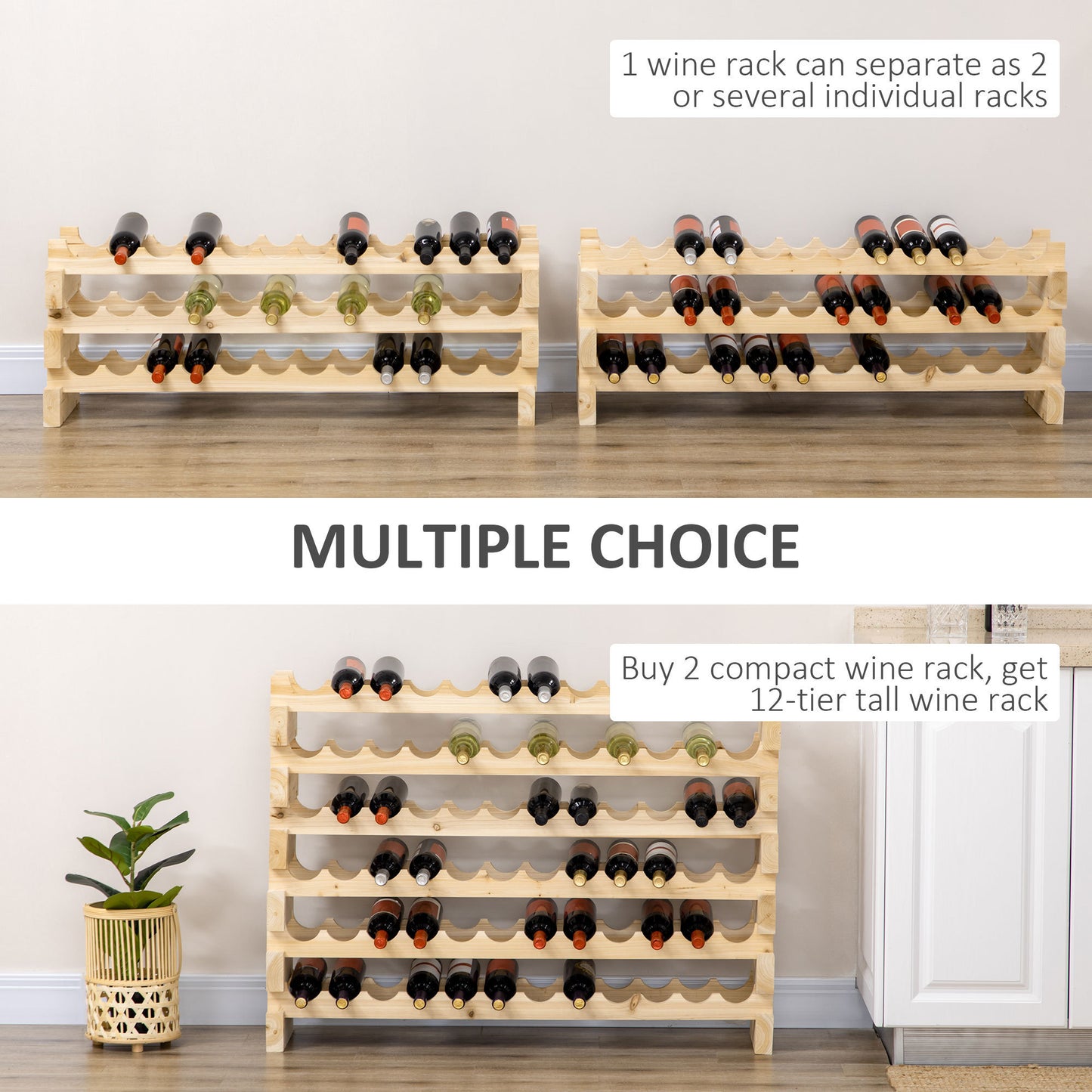 HOMCOM Stackable Wine Rack, Modular Storage Shelves, 72-Bottle Holder, Freestanding Display Rack for Kitchen, Pantry, Cellar, Natural