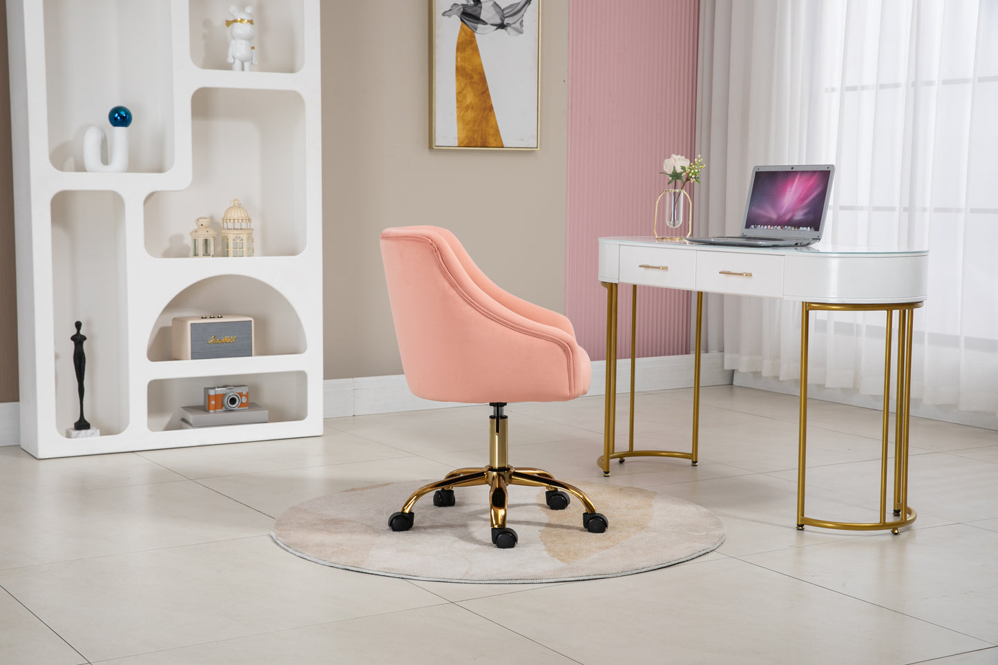 Velvet Fabric Pink Desk Chair for Home Office, Swivel Task Modern Design Chairs Bedroom Girls Women,