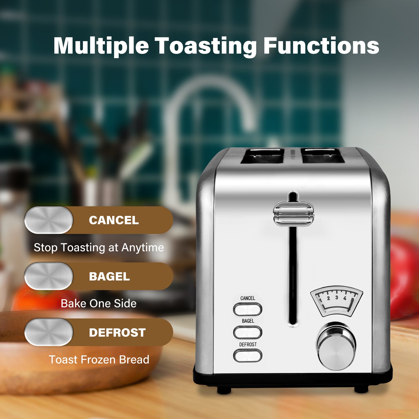 2-Slice Toaster with 1.5 inch Wide Slot, 5 Browning Setting and 3 Function: Bagel, Defrost & Cancel, Retro Stainless-Steel Style, Toast Bread Machine with Removable Crumb Tray, Silver