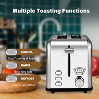 2-Slice Toaster with 1.5 inch Wide Slot, 5 Browning Setting and 3 Function: Bagel, Defrost & Cancel, Retro Stainless-Steel Style, Toast Bread Machine with Removable Crumb Tray, Silver