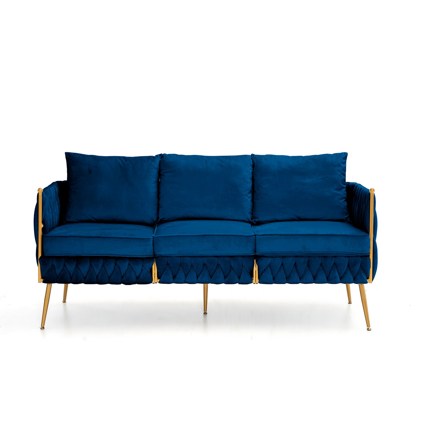 Velvet Couch Sofa for Three People , Upholstered Sofa with Stylish Woven Back, Small Comfy Couch with 3 Pillows, Modern 3-Seat Sofa with Gold Frame for Living Room , Blue Velvet