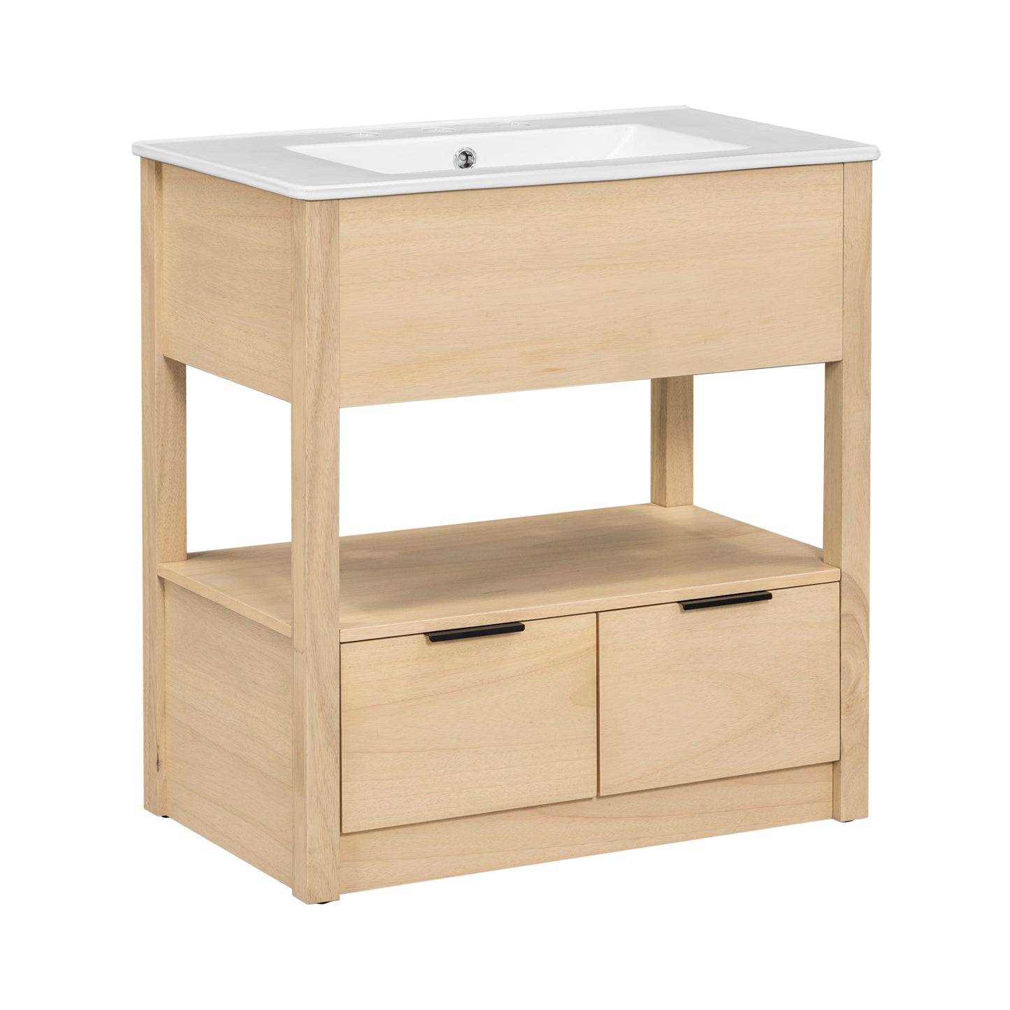 30" Bathroom Vanity with Sink Top, Bathroom Cabinet with Open Storage Shelf and Two Drawers, One Package, Natural