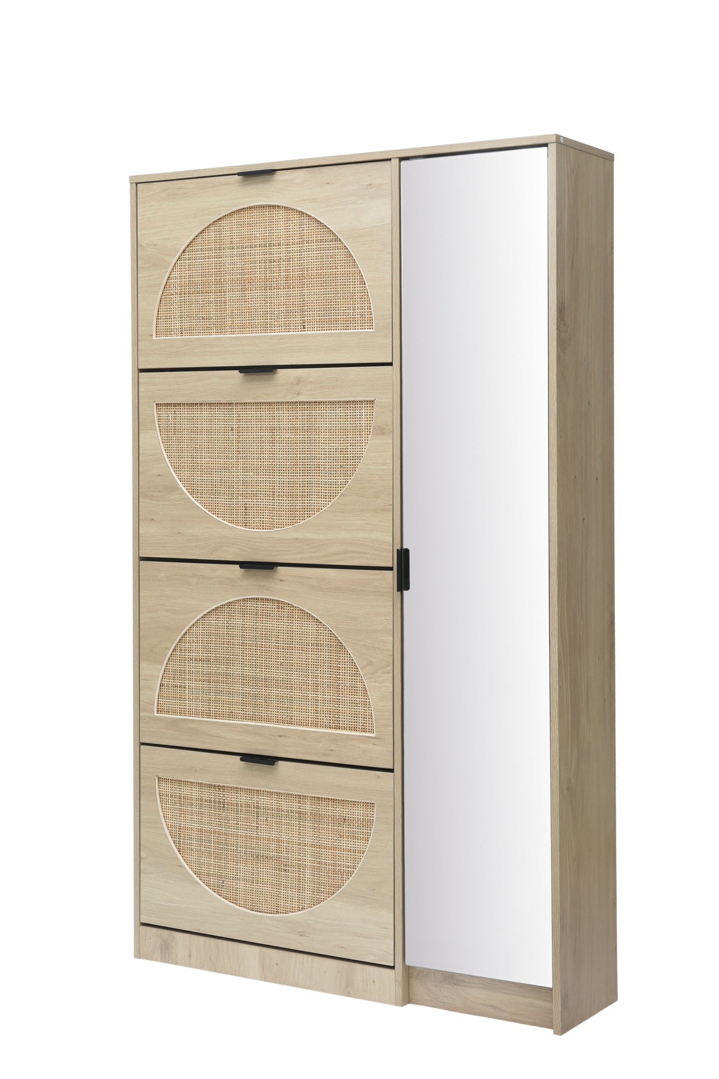 Natural Rattan Shoe Cabinet with 4-Tier Shoe Rack Storage Cabinet Wood 4 Door Free Standing Shoe Rack