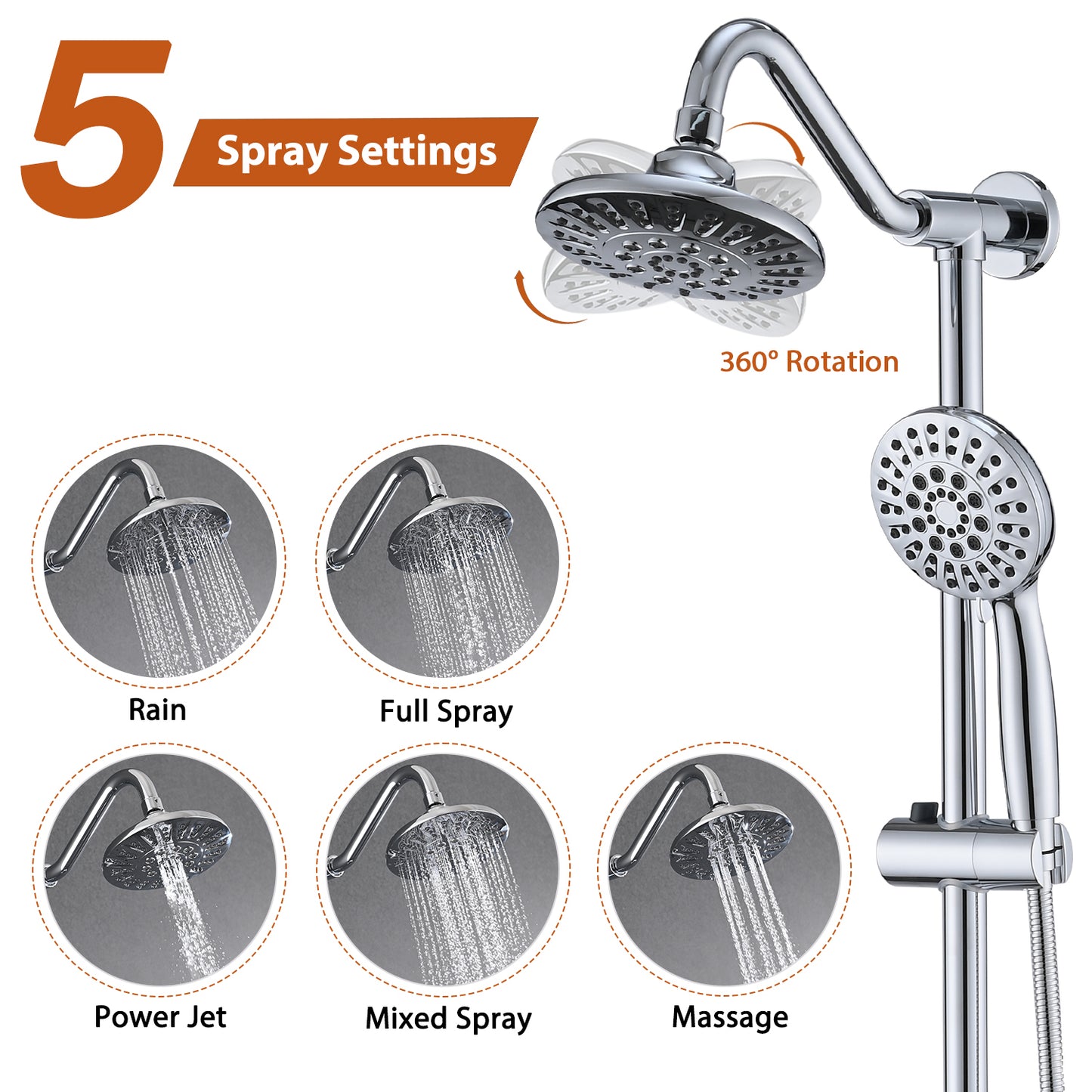 6 Inch Rain Shower Head with Handheld Shower Head Bathroom Rain Shower System