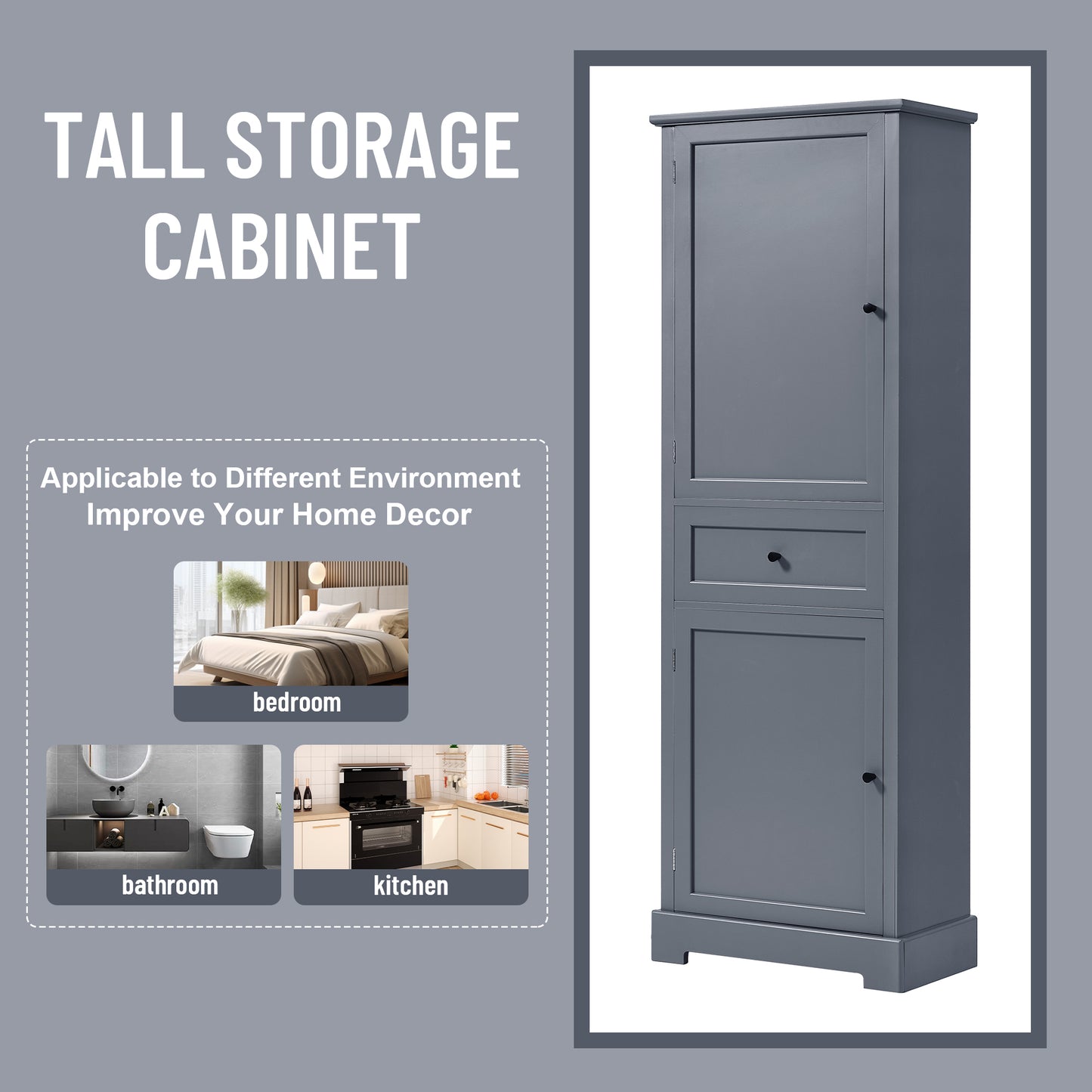 Bathroom Storage Cabinet, Tall Storage Cabinet with Two Doors and Drawer, Adjustable Shelf, Grey