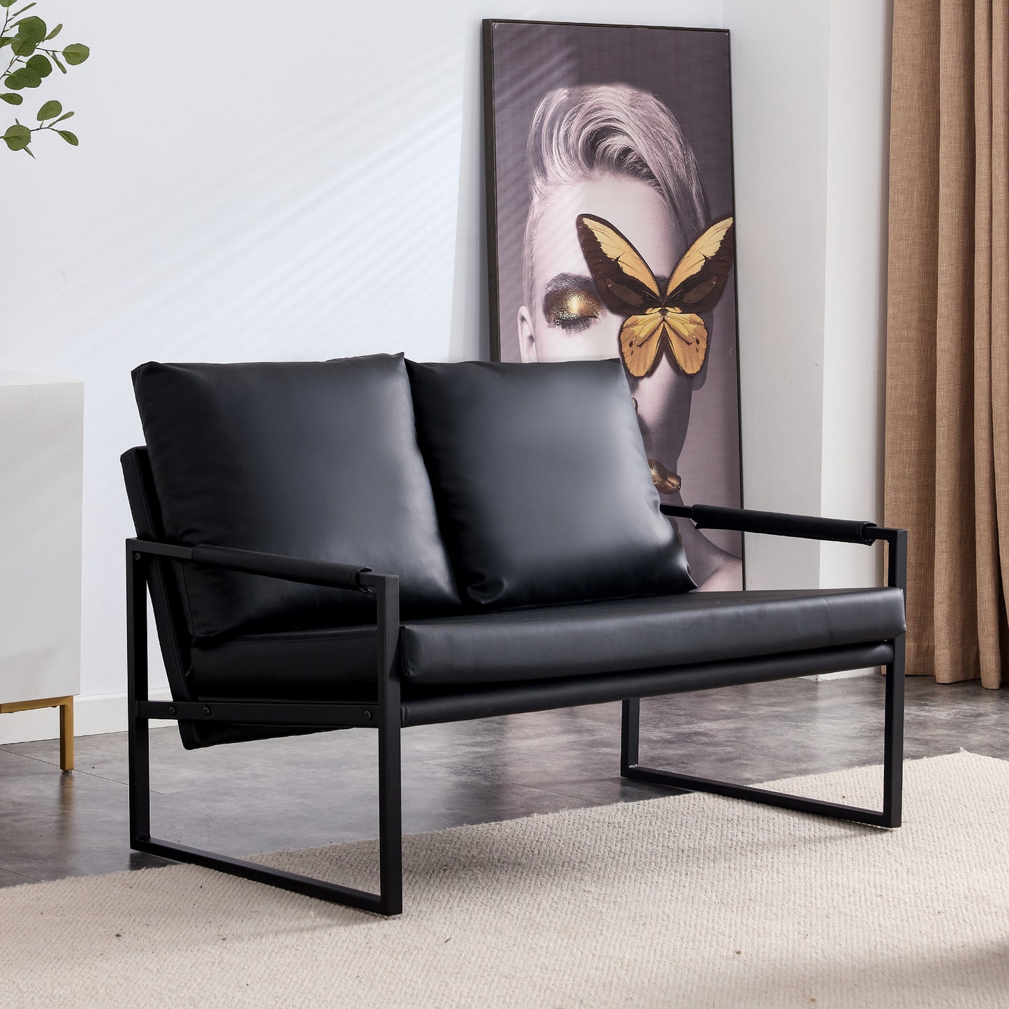 Sofa set. PU leather armchair metal frame cushion armchair, cushion backrest, living room sofa 1 double sofa+2 single sofa (black PU leather+metal frame+foam) SF-008 SF-D008