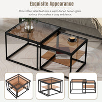 ON-TREND Modern Nested Coffee Table Set with High-low Combination Design, Brown Tempered Glass Cocktail Table with Metal Frame, Length Adjustable 2-Tier Center&End Table for Living Room, Black