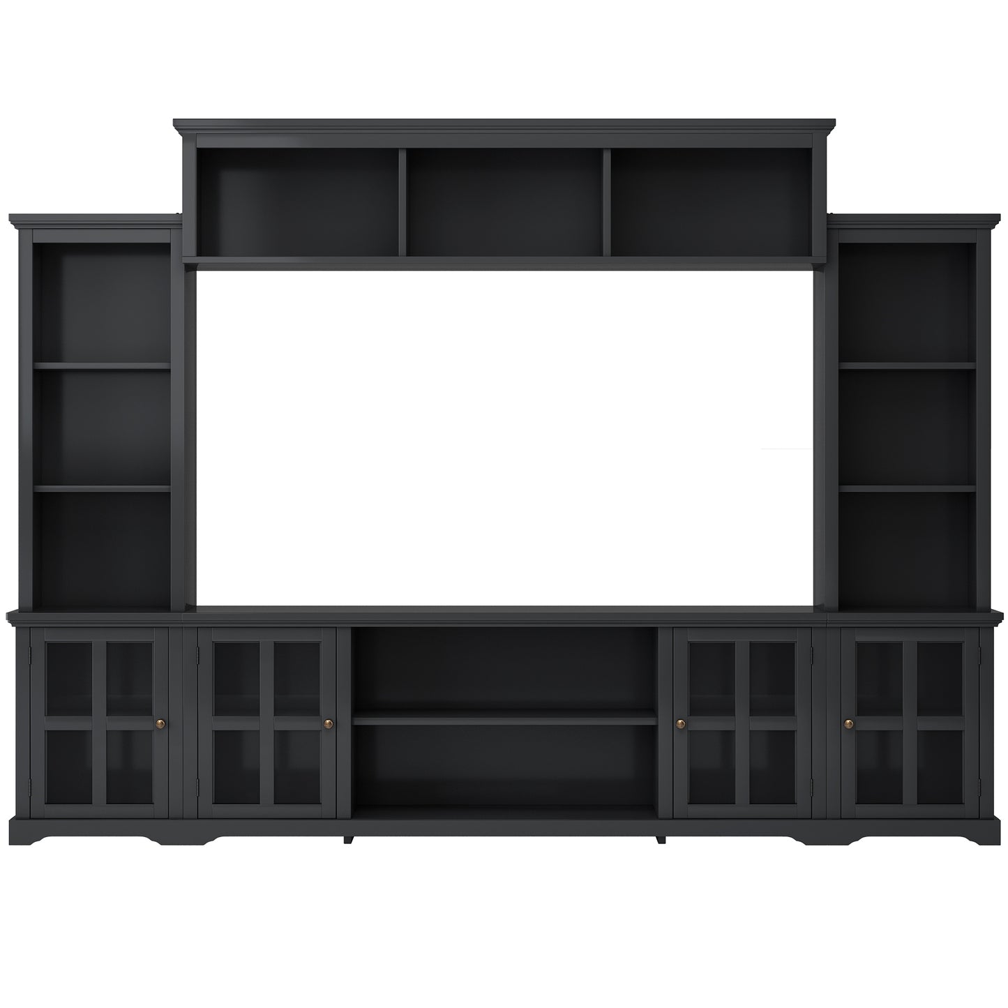 ON-TREND Minimalism Style Entertainment Wall Unit with Bridge, Modern TV Console Table for TVs Up to 70”, Multifunctional TV Stand with Tempered Glass Door, Black