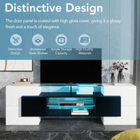 ON-TREND Unique Shape TV Stand with 2 Illuminated Glass Shelves, High Gloss Entertainment Center for TVs Up to 80", Versatile TV Cabinet with LED Color Changing Lights for Living Room, Black&White