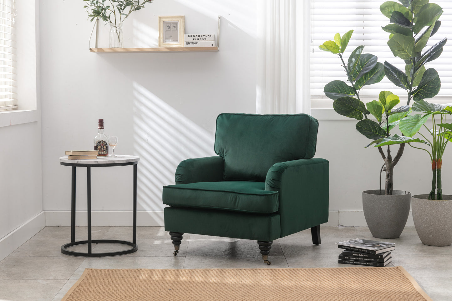 Velvet Accent Chair, Sofa Armchair with Casters, Mid-Century Modern Velvet Upholstered Comfort Oversized Armchair with Wooden Legs, Reading Chair，Living Room Chair, Dark  Green