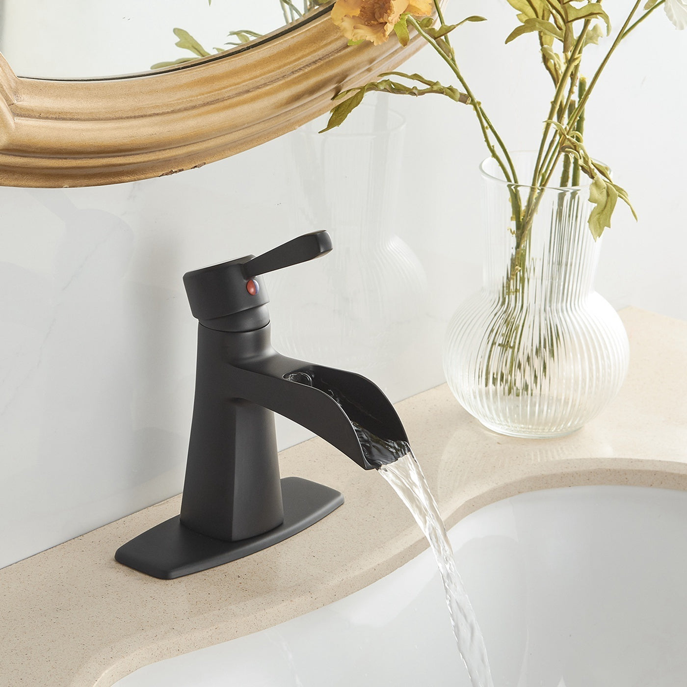 Waterfall Single Hole Single-Handle Low-Arc Bathroom Sink Faucet With Pop-up Drain Assembly In Matte Black