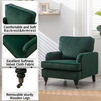 Velvet Accent Chair, Sofa Armchair with Casters, Mid-Century Modern Velvet Upholstered Comfort Oversized Armchair with Wooden Legs, Reading Chair，Living Room Chair, Dark  Green