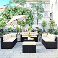 GO 9-piece Outdoor Patio Large Wicker Sofa Set, Rattan Sofa set for Garden, Backyard,Porch and Poolside, Black wicker, Beige Cushion